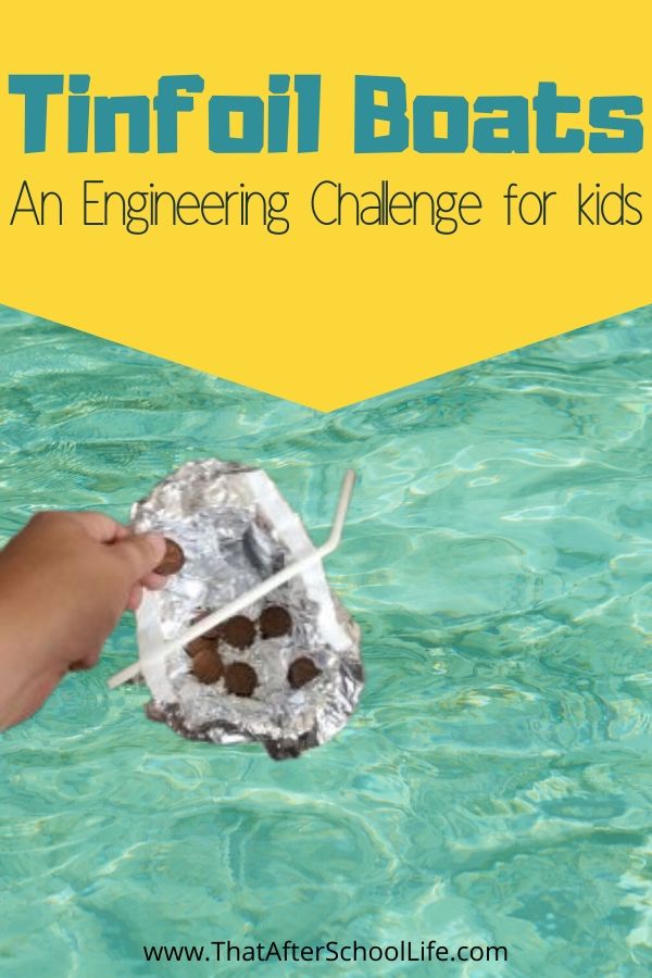 The tinfoil boats engineering challenge asks kids to think outside the box and build a unique boat that will float and hold 100 pennies. 