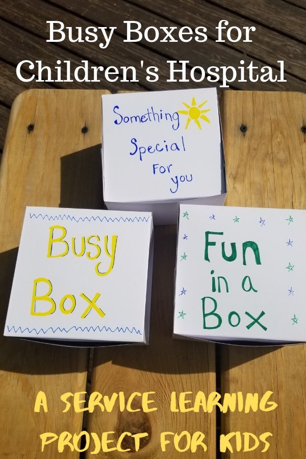 A Busy box is a box for children and siblings of children that are at the children's hospital. The box contains items to keep kids occupied and focused on play rather than illness.