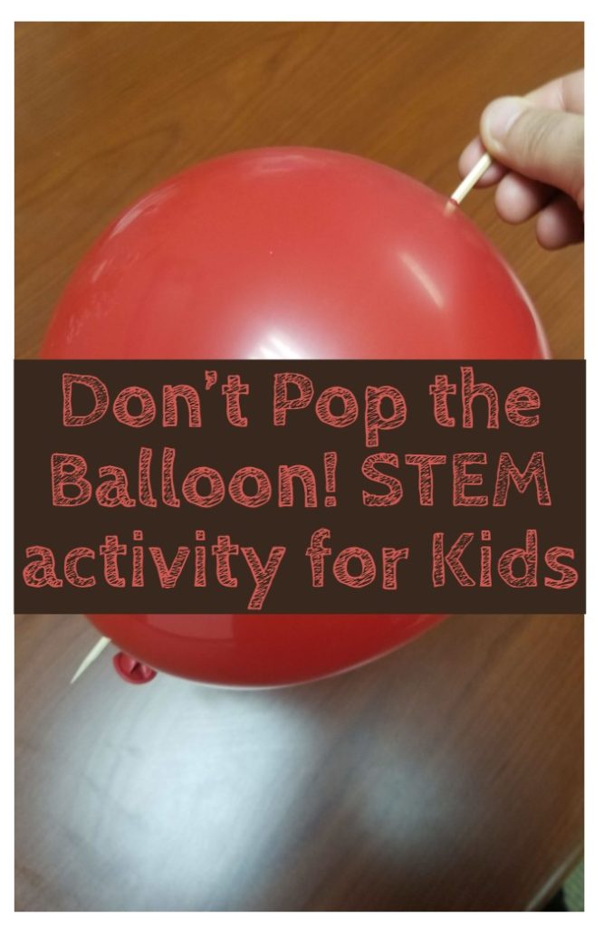 Challenge kids to puncture a balloon with a skewer in this fun STEM Challenge for kids.  If you do it right you can stick a skewer all the way through the balloon without it popping.  Keeps kids busy and thinking outside of the box with this fun "Don't pop the balloon" STEM challenge.
